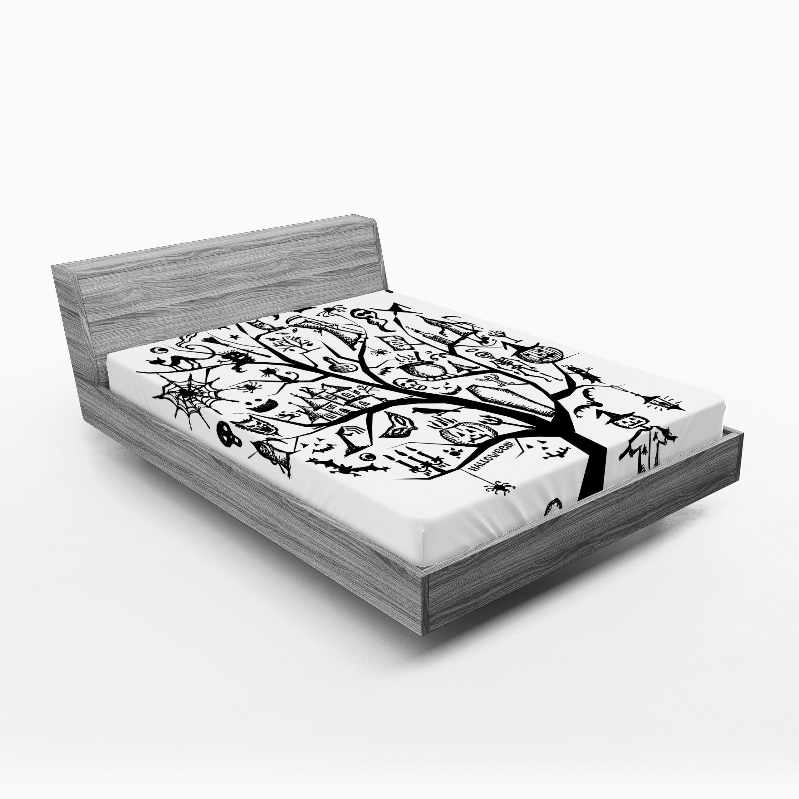 Ambesonne Halloween Fitted Sheet - Spooky Tree & Witch Broom Abstract Design, Deep Pocket King Size Bed Cover in Black & White | Perfect for Halloween Decor, Themed Bedrooms & Spooky Sleepovers