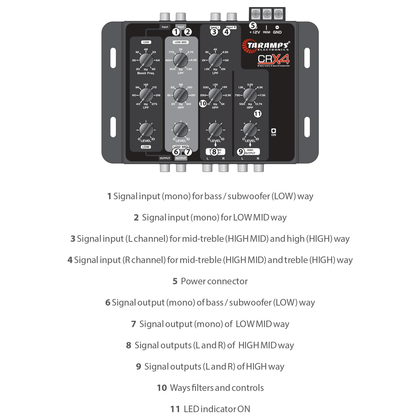 Taramps Crx4 4-Way Electronic Crossover RCA Car Audio Processor - 8V RMS, Stereo Equalizer with Bass Boost | Compact Design for High/Low Frequency Control | Perfect for Car Audio Systems & Custom Installations