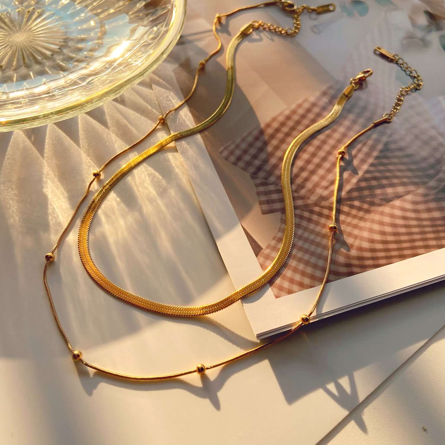 18K Gold Herringbone Chain Choker Necklace for Women - Layered Elegant Minimalist Jewelry Gift for Her | Perfect for Date Night, Wedding & Special Occasions | JDN627