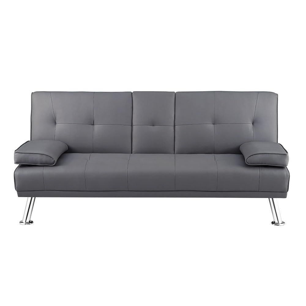 Convertible Futon Sofa Bed with Space-Saving Design - Modern Faux Leather Couch for Living Room, Guest Room & Small Spaces - Sturdy Frame, Adjustable Positions & Easy Assembly - Low-Maintenance Gray Upholstery - Perfect for Apartments, Dorms & Home Offices