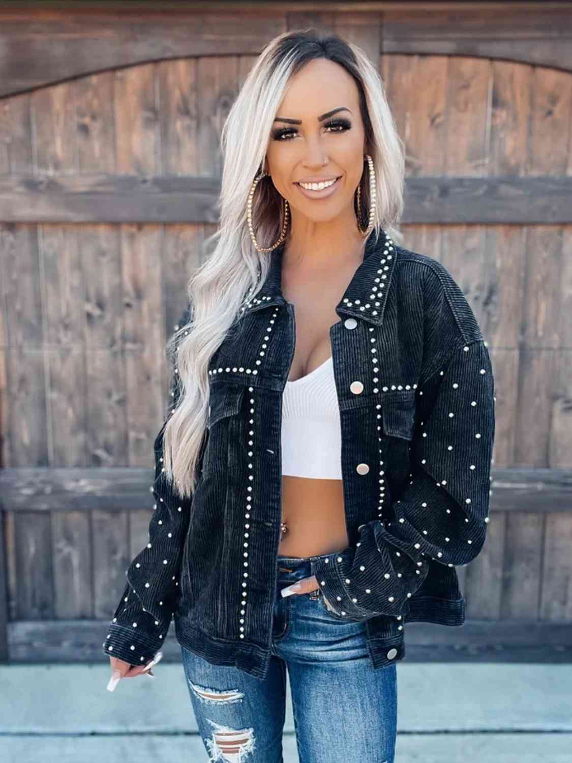 Stylish Studded Collar Button Down Jacket for Women - Trendy Punk Rock Fashion Outerwear for Concerts, Night Out & Street Style