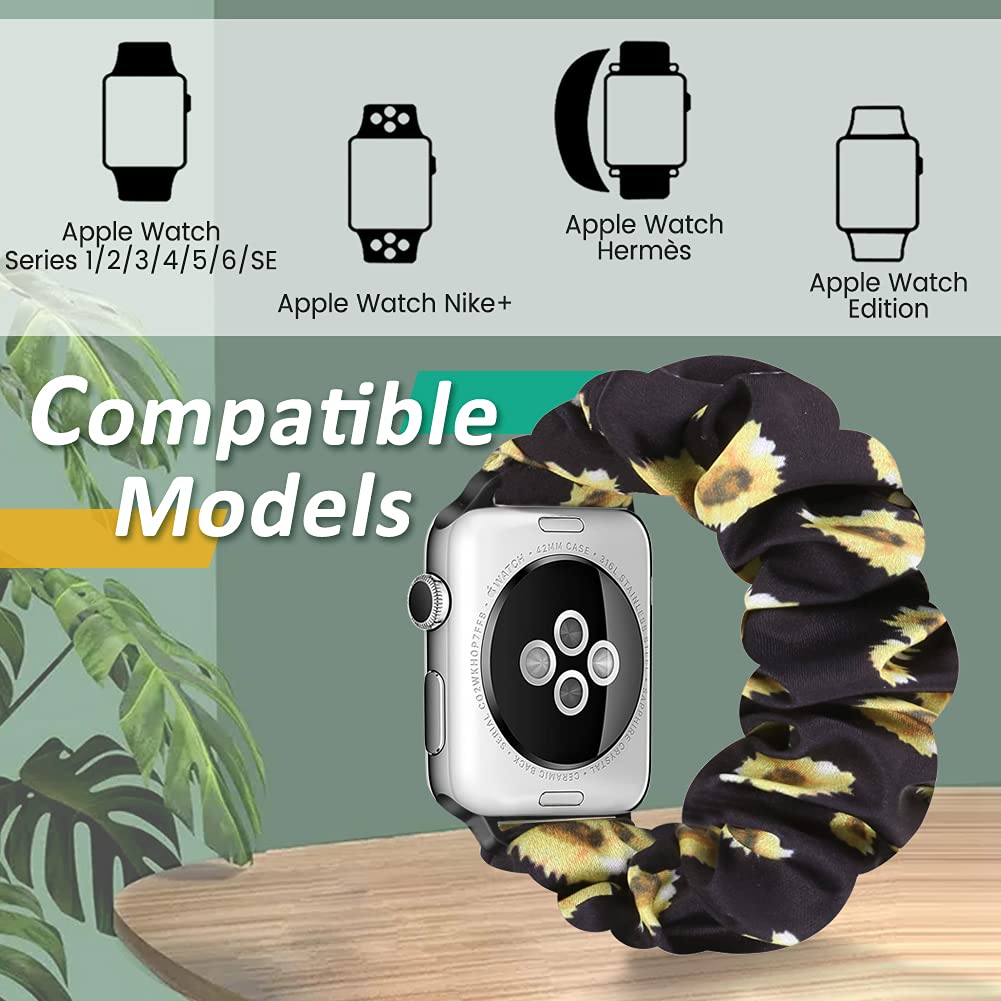 Tiptops 3 Pack Apple Watch Bands for Women - Soft Fabric Scrunchies Wristbands Compatible with iWatch Ultra 2, Series 10/9/8/7/6/5/4/3/2/1/SE (38mm-49mm) - Stylish Printed Cloth Straps for Workout, Yoga & Everyday Wear