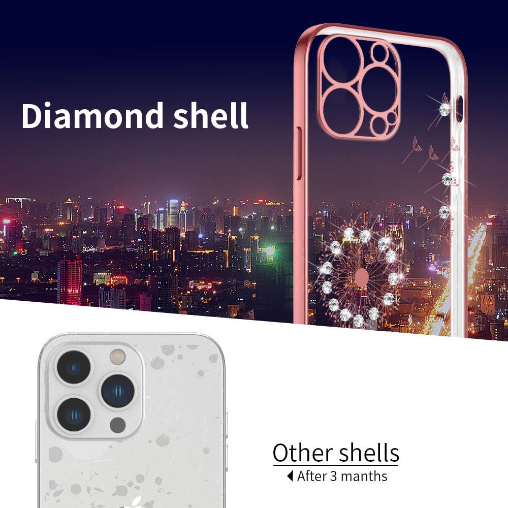 ZCDAYE iPhone 13 Pro Max Case (6.7 inch) - Dandelion Electroplated Diamond Rose Gold Transparent TPU Shockproof Protective Cover | Slim Soft Case for Everyday Use, Work & Travel