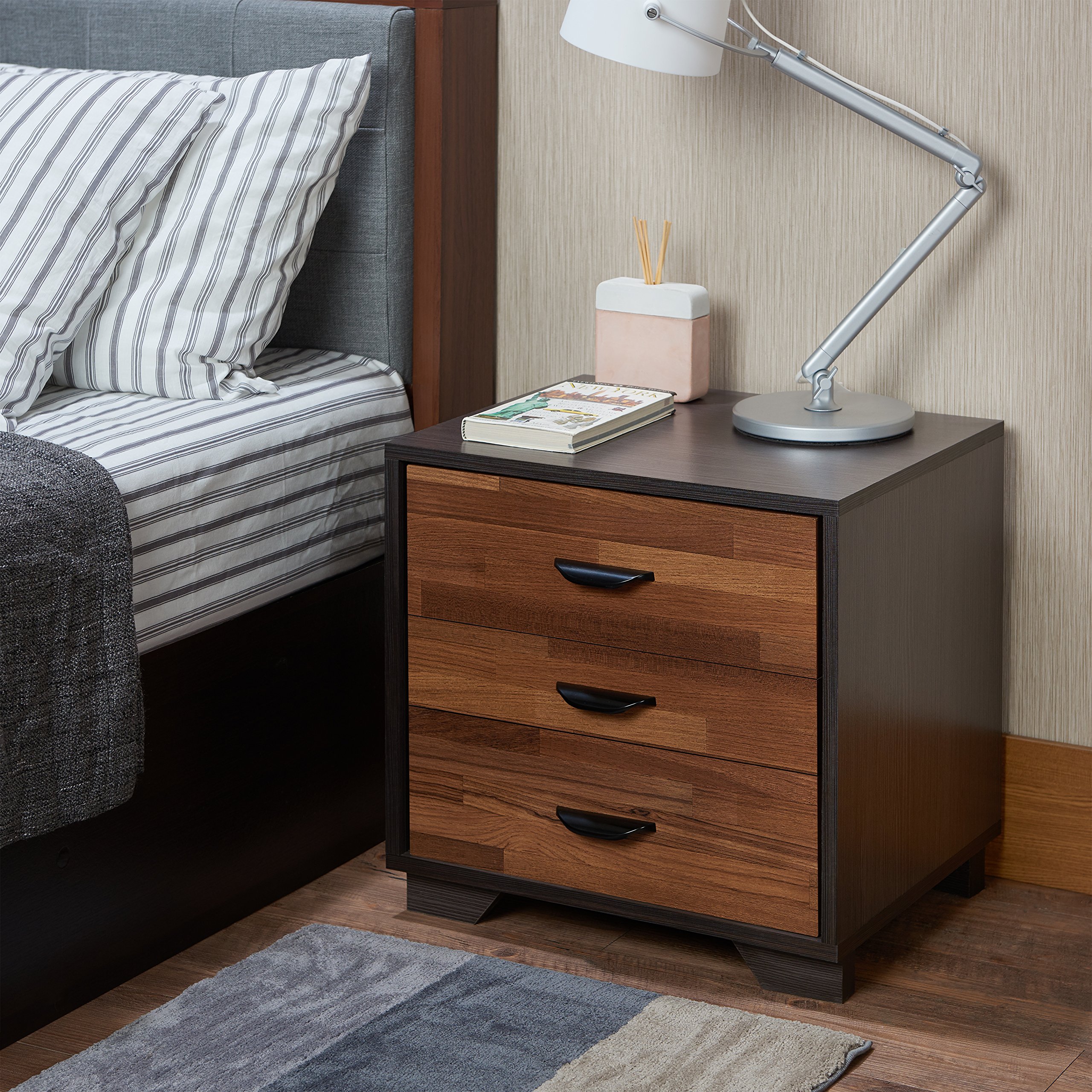 HABITRIO 3-Drawer Nightstand - Solid & Composite Wood Bedside Table with Storage, Space-Saving Bedroom Furniture (Walnut/Espresso) | Perfect for Small Spaces, Apartment Living & Guest Rooms