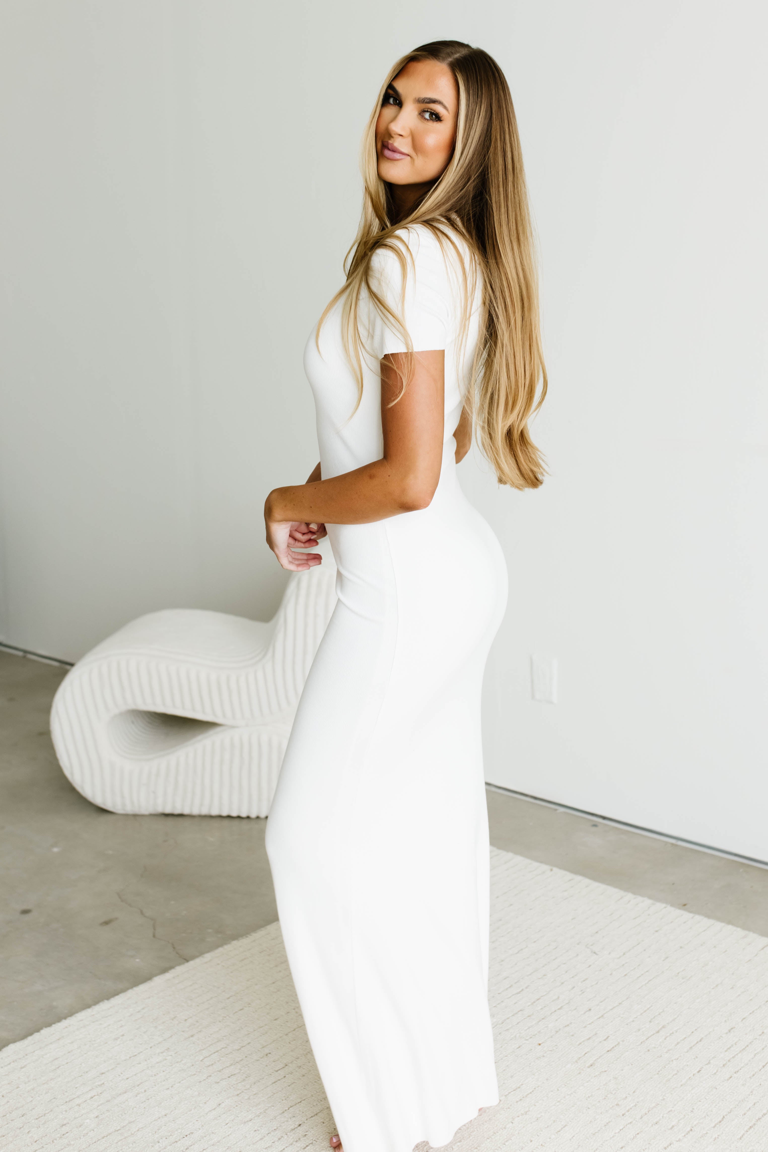The Charlie Ribbed Maxi Dress - Bump Friendly Maternity Dress in White | Perfect for Pregnancy, Nursing, and Special Occasions