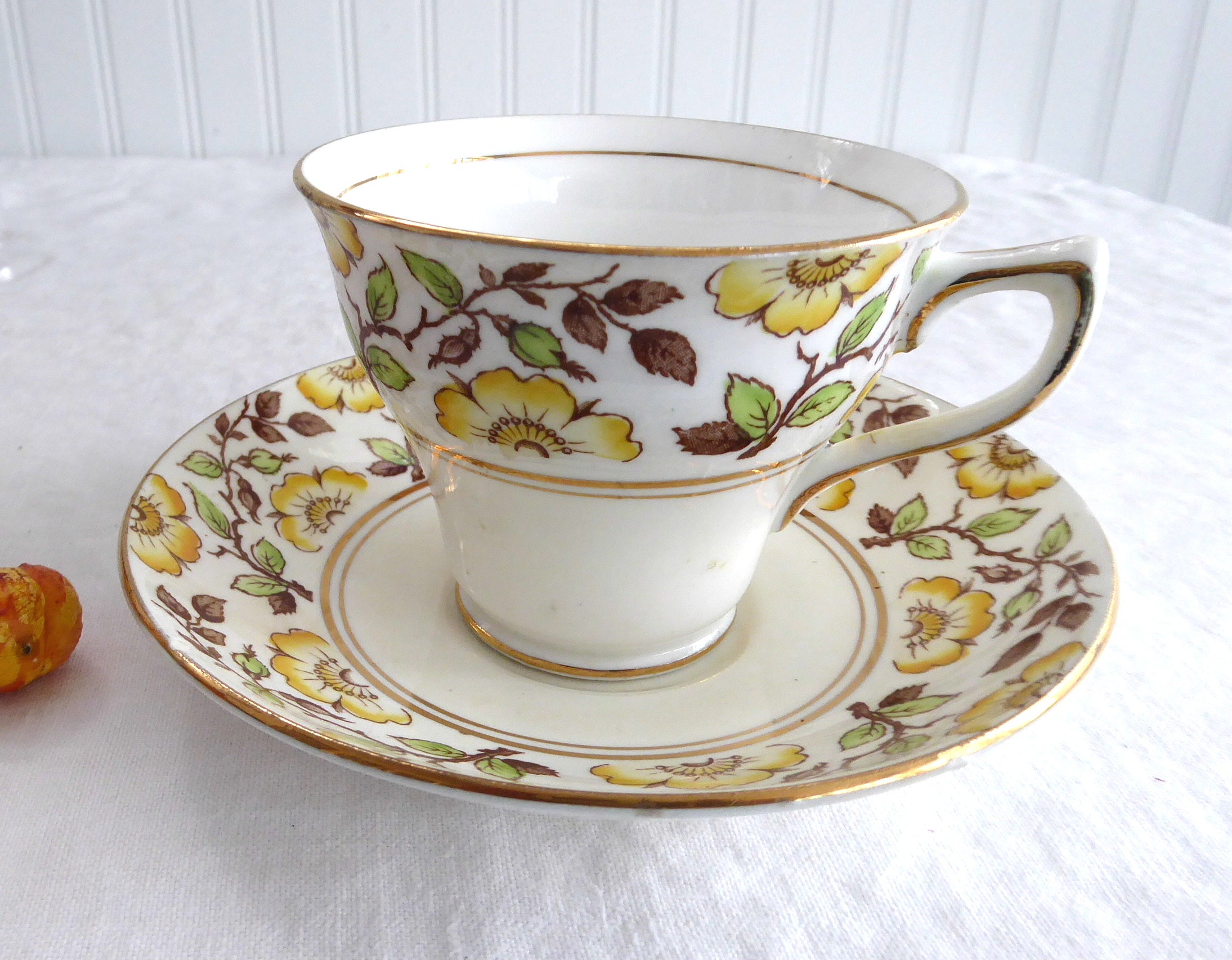 Vintage Rosina England Hand-Painted Floral Tea Cup and Saucer Set - Yellow Dog Roses Brown Transferware for Afternoon Tea, Collectible English Bone China