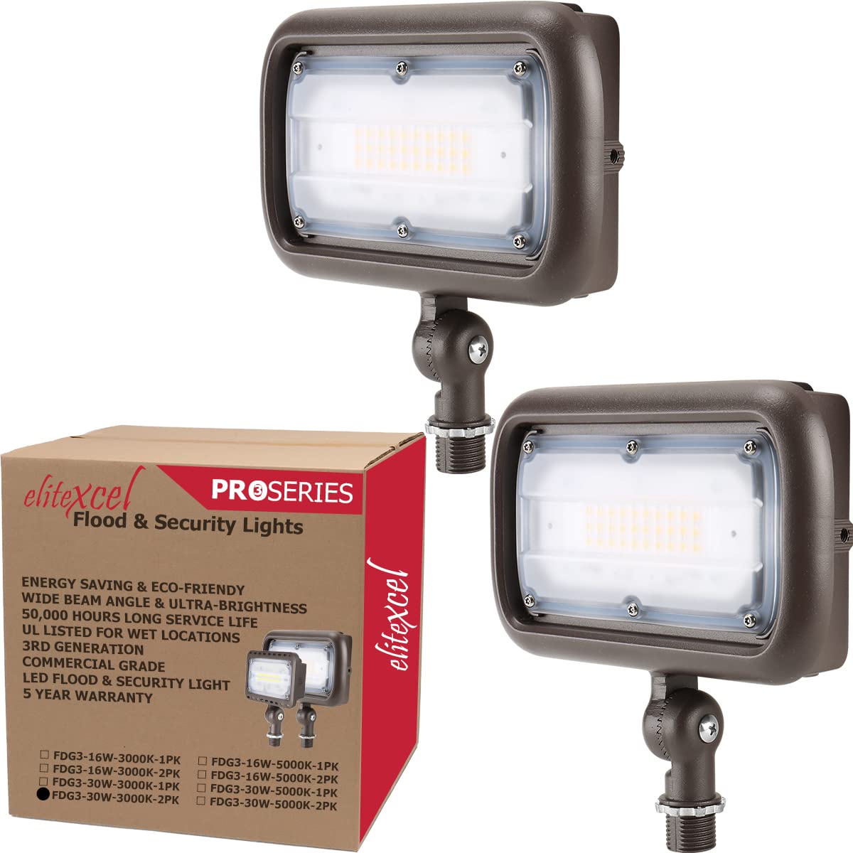 EliteXcel 30W LED Security Flood Lights Outdoor - 3000K Warm White, 3000 Lumen (350W Equivalent), 120-277V, UL Listed, 5-Year Warranty - Perfect for Yard, Landscape, Driveway, and Backyard Lighting