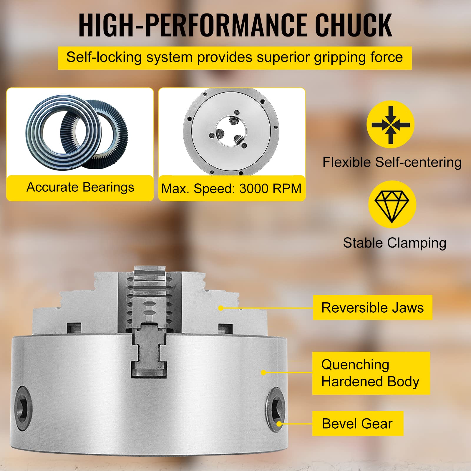 OrangeA K11-200 8 Inch 3 Jaw Self Centering Lathe Chuck - Hardened Steel Jaws for Internal & External Grinding - Compatible with Lathe, Drilling & Milling Machines - Perfect for Metalworking, Woodturning & DIY Projects