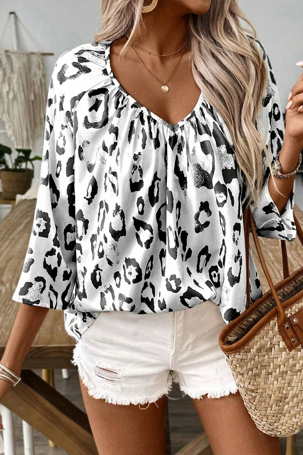 Leopard Print V-Neck Three-Quarter Sleeve Blouse for Women - Stylish Animal Print Top for Office, Party & Casual Wear