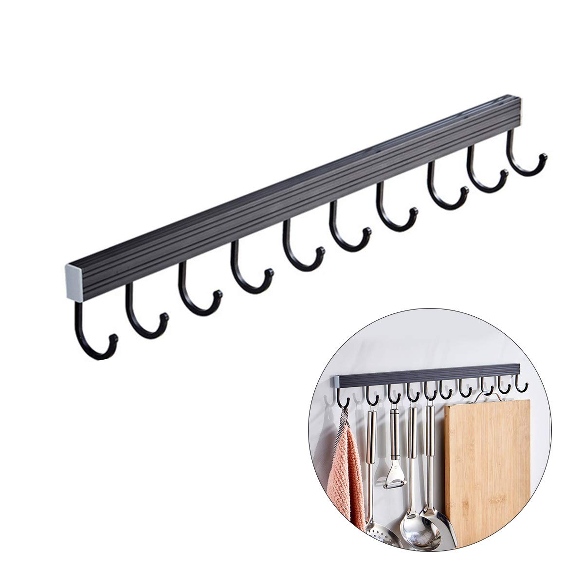 Wall Mounted Kitchen Utensil Holder - No Drilling Hanging Rack with 10 Hooks for Spoons, Spatulas & Tools - Perfect for Kitchen, Bathroom, Bedroom & Office Organization
