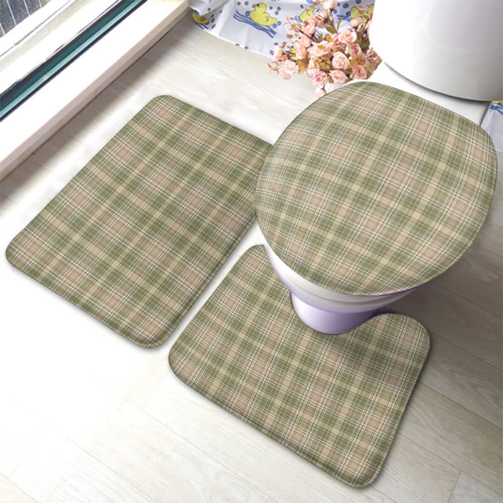 Zaueky Plaid Pattern 3-Piece Bathroom Rug Set - Non-Slip Bath Mat with Rubber Backing, U-Shaped Contour Rug & Toilet Lid Cover - Soft Pastoral Style for Bathroom Decor (Perfect for Farmhouse, Cottage & Vintage Style Homes)