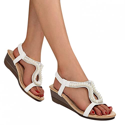 Sparkling Rhinestone Crystal Flat Sandals for Women | Summer Boho Beach Wedding Shoes | Comfortable Lace Floral Ankle Strap Flip Flops | Low Heel Wedge Sandals for Casual, Dressy & Bridal Occasions | Perfect for Beach Weddings, Vacation & Summer Outfits