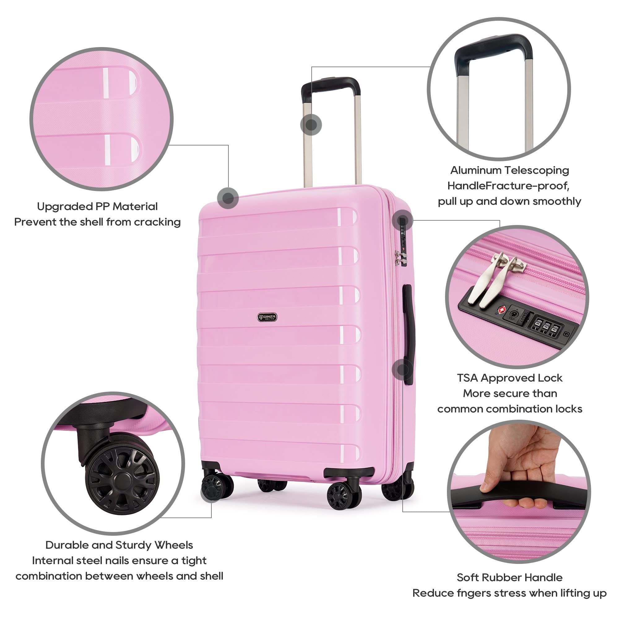 Expandable 3-Piece Luggage Set with Spinner Wheels & TSA Lock - Light Pink PP Material Suitcases (20/24/28 Inch) for Family Travel, Airplane Carry-On & Vacation Packing