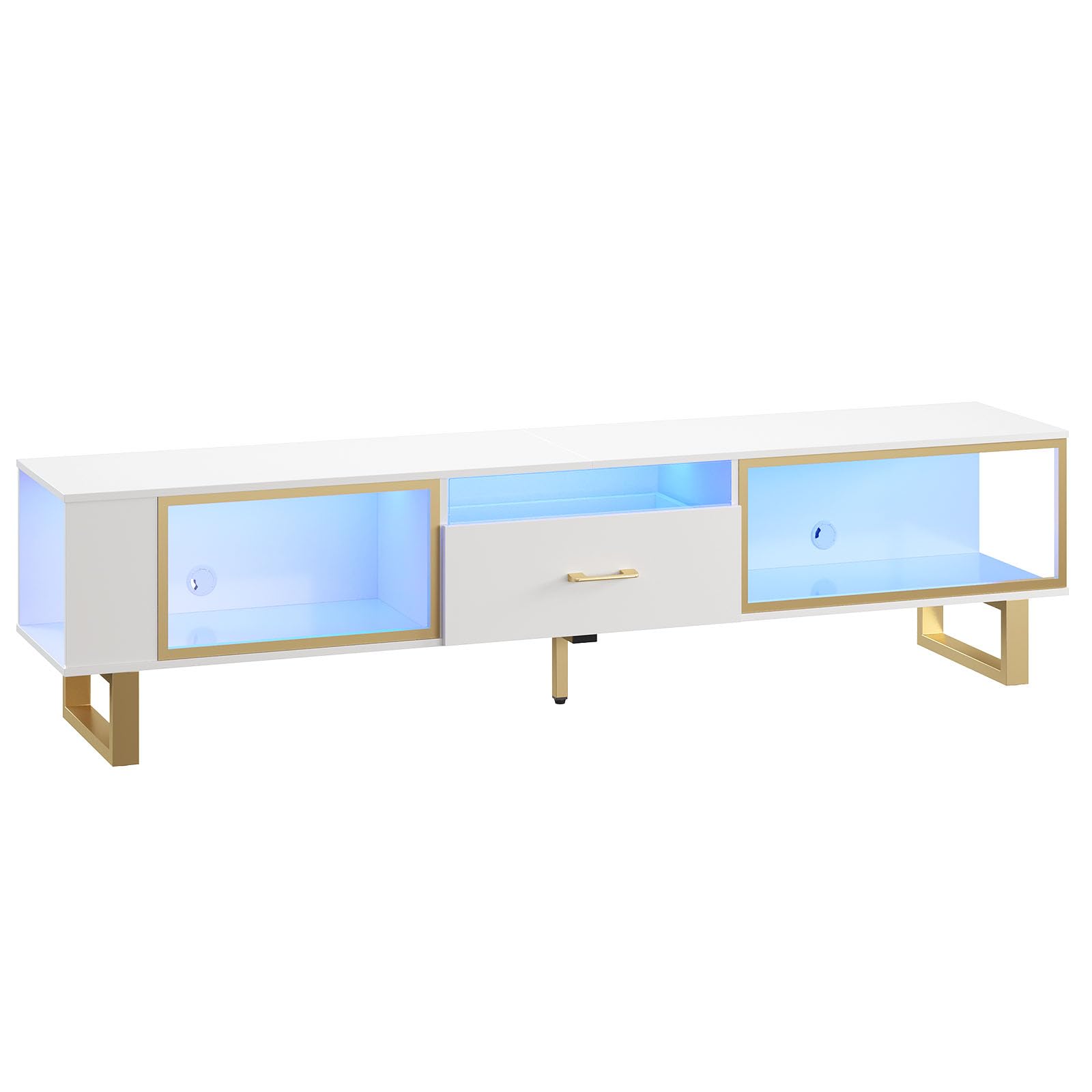 Bestier 80 Inch Modern TV Stand for 65-90 Inch TVs - High Gloss LED Gaming Entertainment Center with Open Storage & Half-Glass Drawers - White & Gold Media Console for Living Room, Bedroom & Home Theater Setup