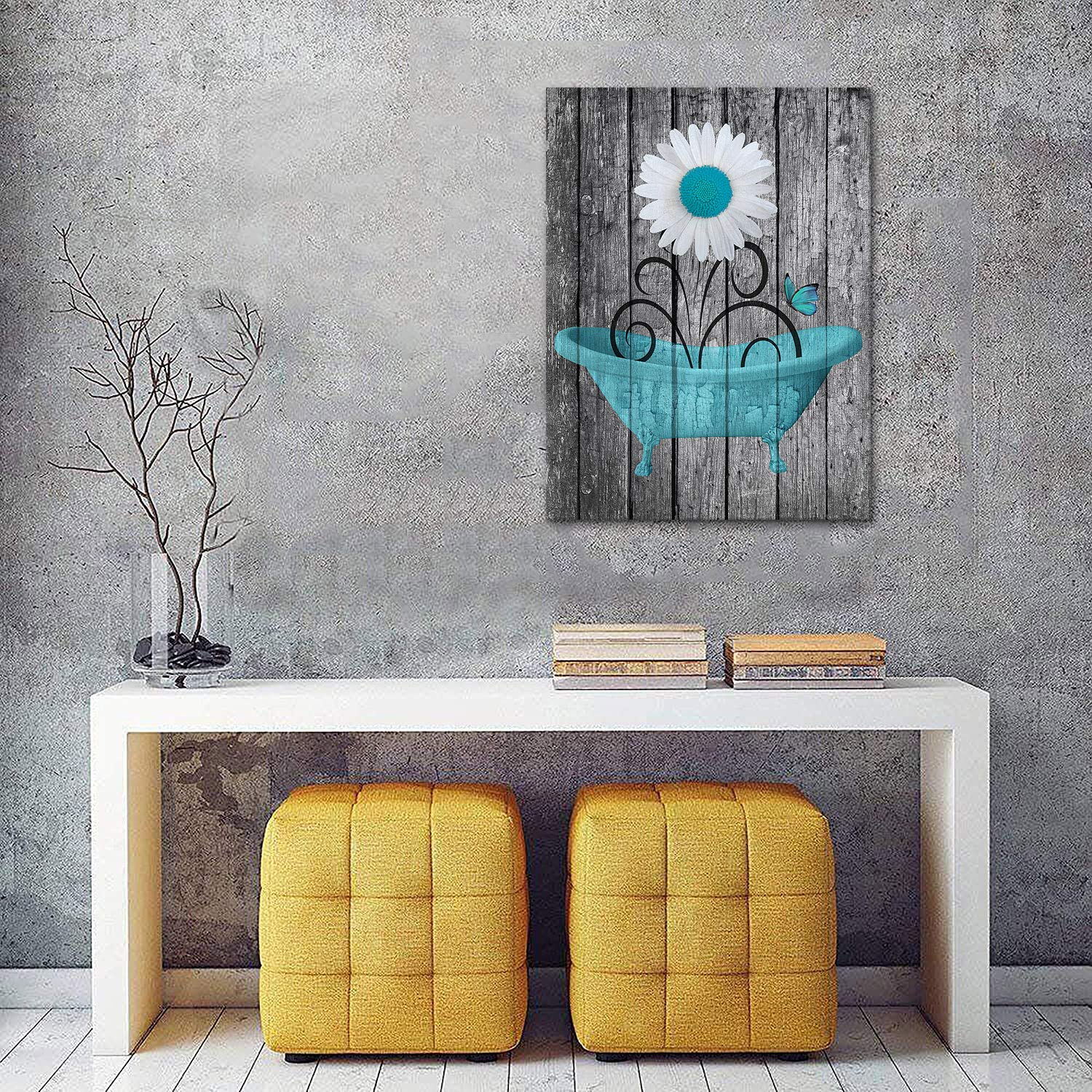 Modern Daisy Canvas Wall Art - Rustic Wood Background Flower Bathroom Decor - 12x16 Inch Framed Ready to Hang Blue Painting for Bedroom, Living Room & Office - Perfect for Spa-Like Bathroom Makeover & Cozy Home Decoration
