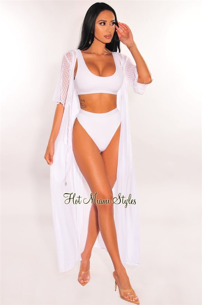 White Crochet Short Sleeve Tie Up Maxi Cover Up - Elegant Beach Dress for Women, Perfect for Summer Vacation, Pool Party and Boho Fashion Outfits