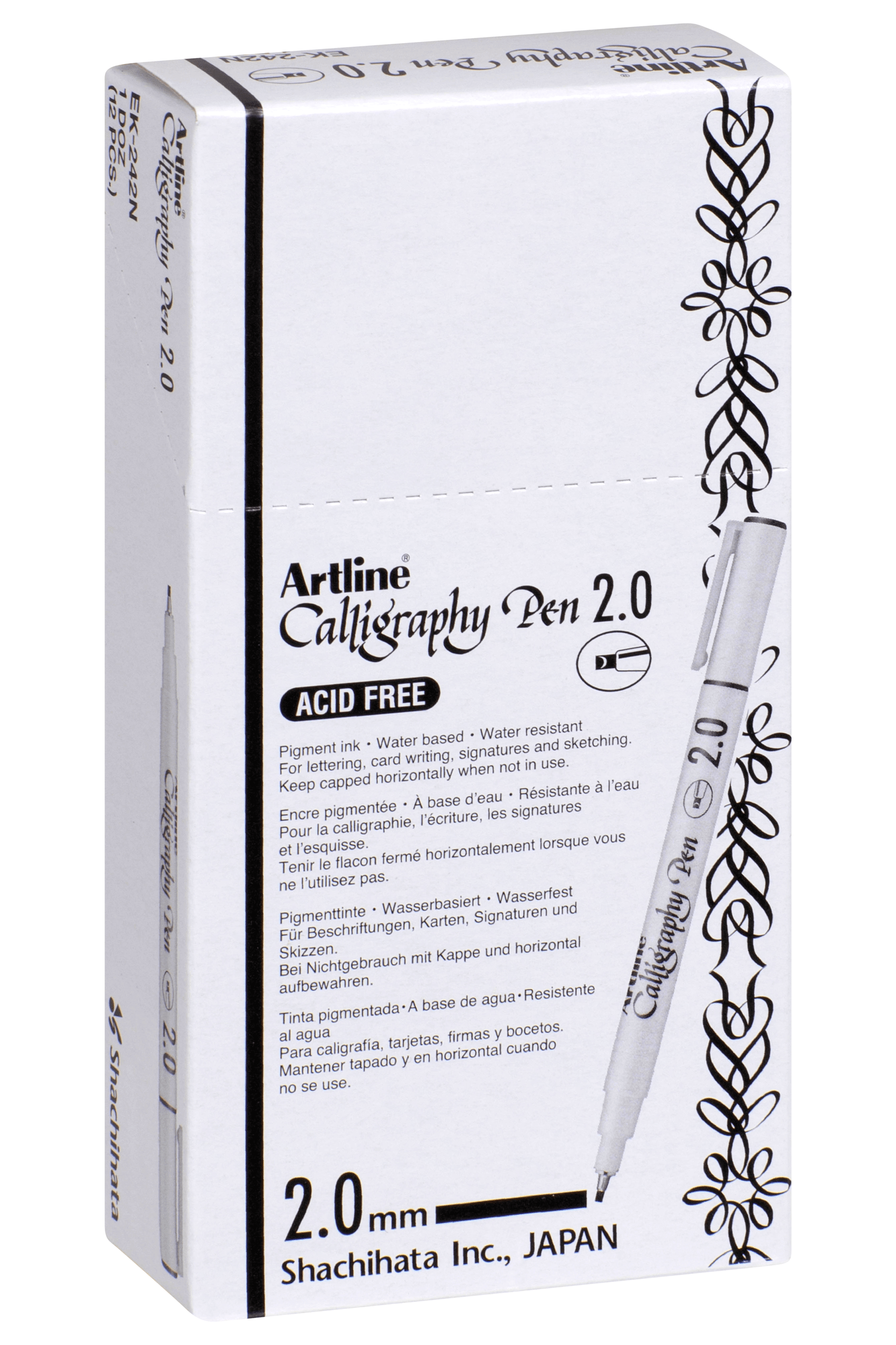 Artline 242 Calligraphy Pen Set - 2mm Black Fine Tip Markers (12 Pack) for Hand Lettering, Scrapbooking & DIY Projects
