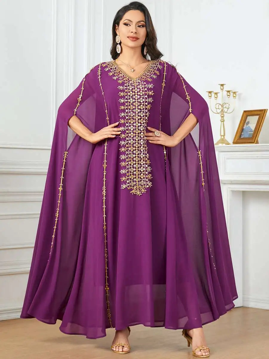 Elegant Eid Caftan Dress for Muslim Women - Flowy Chiffon Embroidery Maxi Dress - Perfect for Eid Celebrations, Weddings & Special Occasions