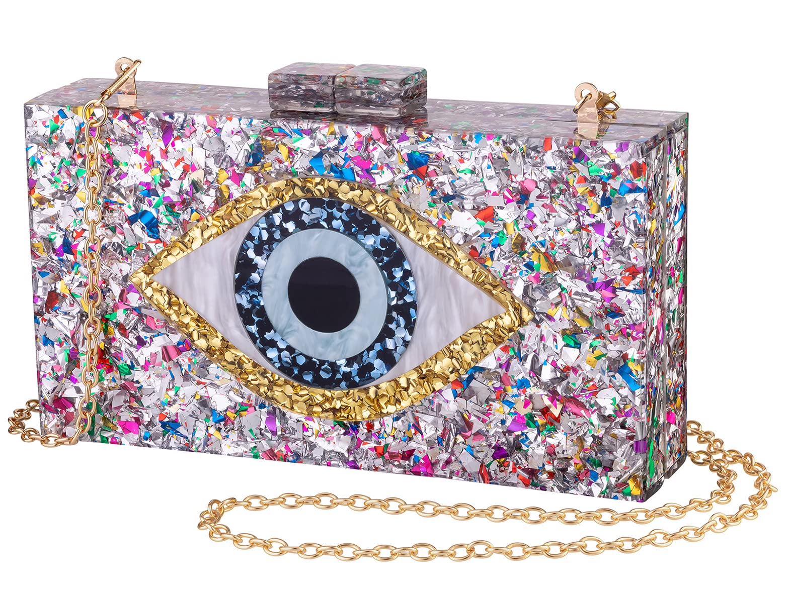 Stylish Evil Eye Acrylic Clutch Purse for Women - Sparkly Glitter Evening Bag with Chain, Shoulder & Crossbody Strap - Perfect for Parties, Weddings & Night Out