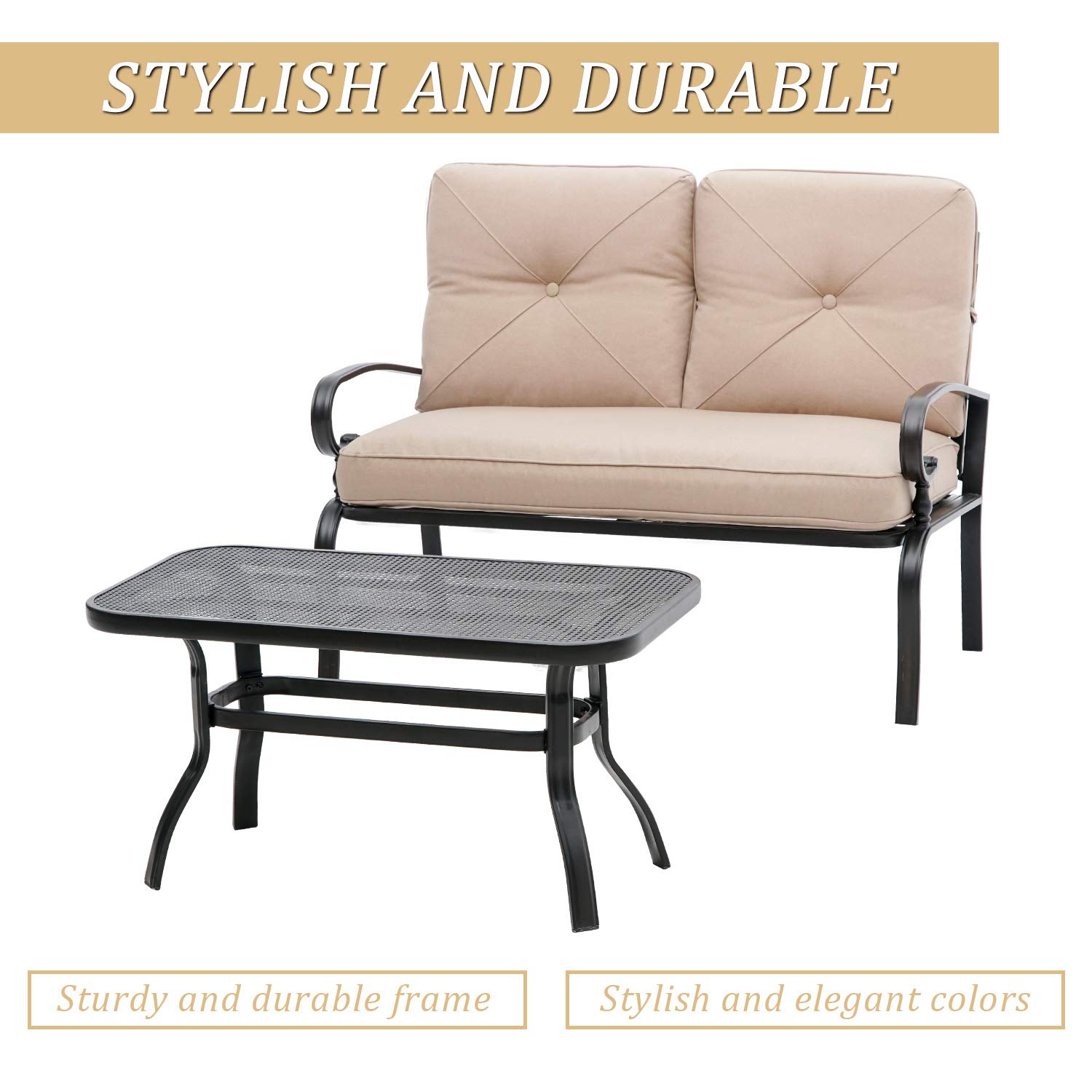 SUNCROWN 2-Piece Outdoor Patio Loveseat Set with Thick Cushions & Coffee Table - Steel Frame Bench for Garden, Balcony, Backyard (Brown) - Perfect for Relaxing, Entertaining, and Enjoying Outdoor Spaces