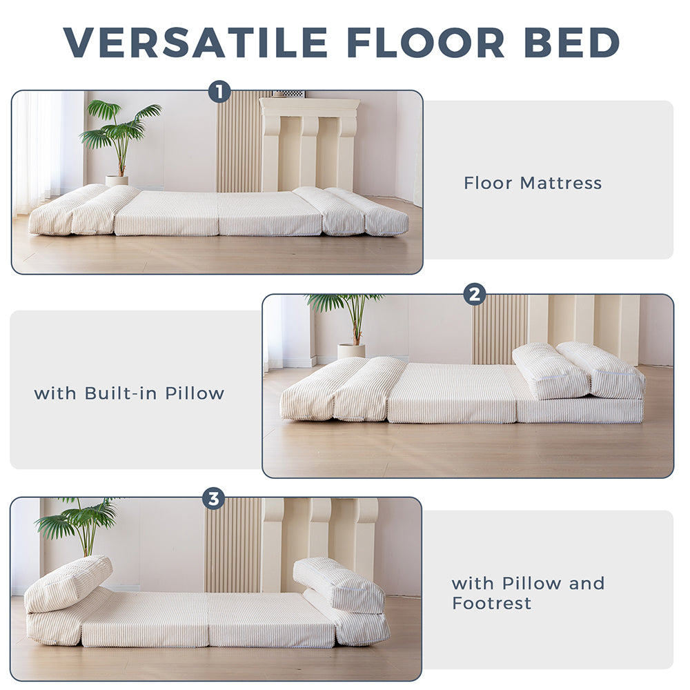 MAXYOYO Folding Sofa Bed - Convertible Corduroy Floor Sofa in Beige | Space-Saving Guest Bed & Lounge Chair for Small Apartments, Dorms & Living Rooms