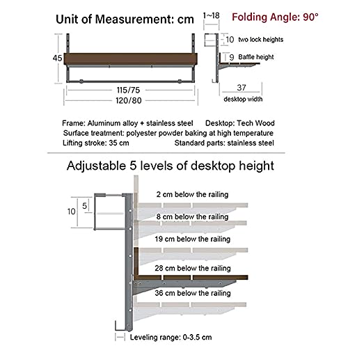 Adjustable Folding Hanging Table for Balcony Railing - 5 Height Settings, Space Saving Indoor Outdoor Side Table (120x37cm, Natural Wood) - Perfect for Patio, Garden, Deck, Coffee Break & Small Space Living