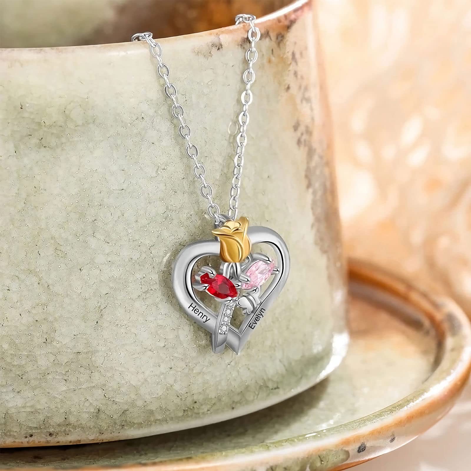 Personalized 925 Sterling Silver Birthstone Pendant Necklace with Custom Name Engraving - Unique Gift for Women, Mom, Sister, Daughter & Grandma | Perfect for Birthdays, Anniversaries & Mother's Day Jewelry
