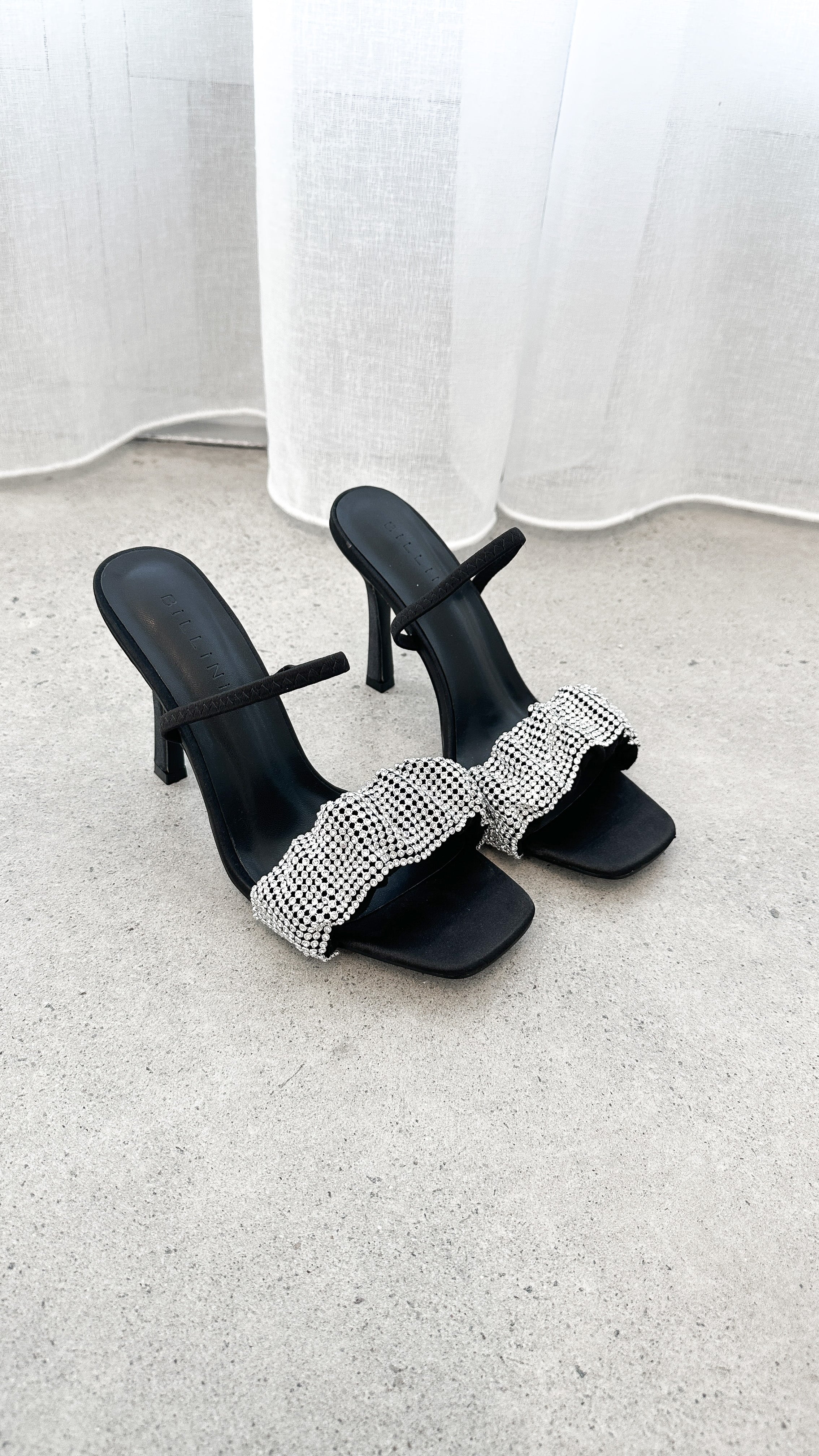 Brandi Black Satin Diamante Heels - Elegant Women's High Heel Shoes for Party, Wedding & Evening Events
