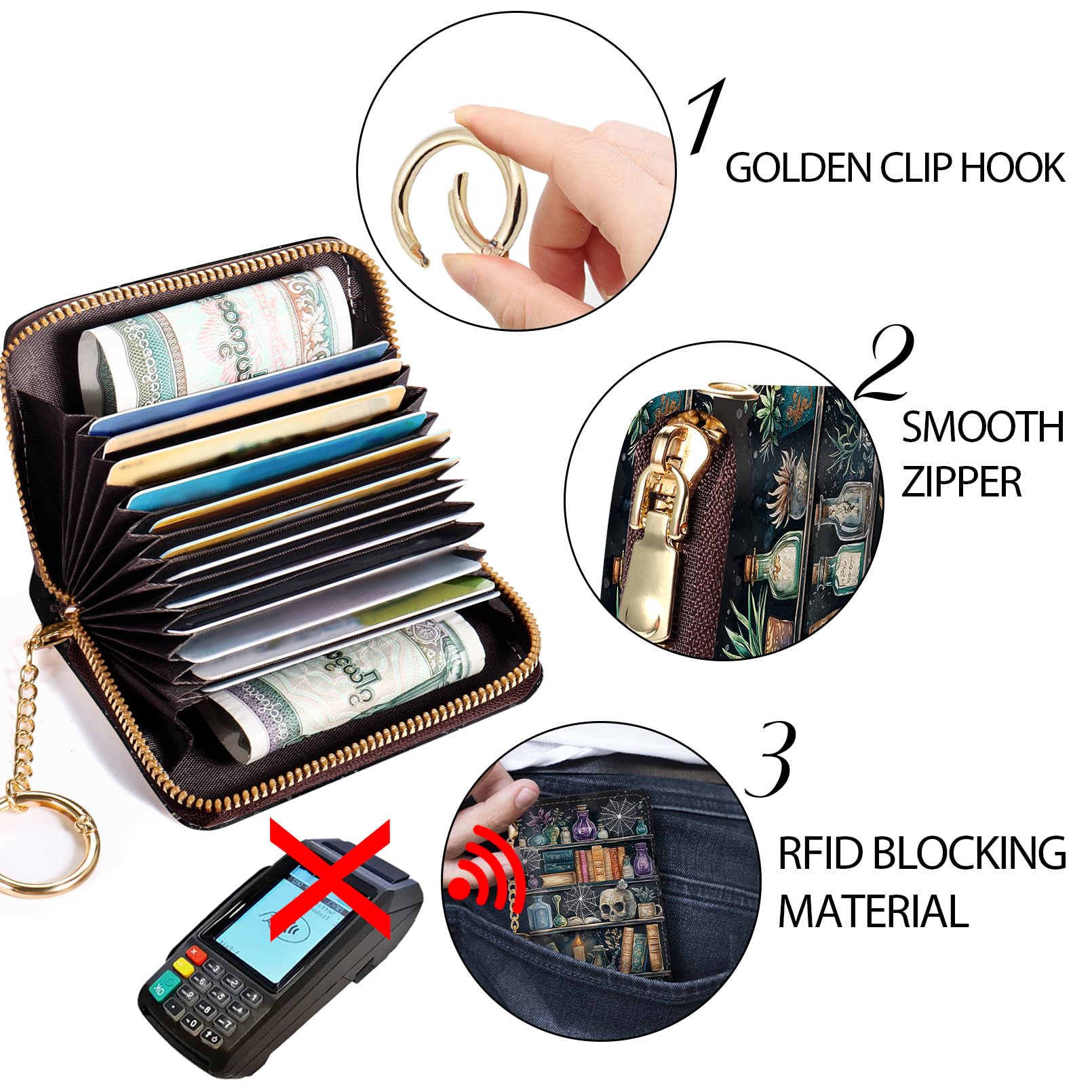 RFID Blocking Credit Card Holder Wallet for Women - Slim Leather Zipper Card Case with Keychain, Funny Print Design - Perfect for Travel, Shopping & Everyday Use