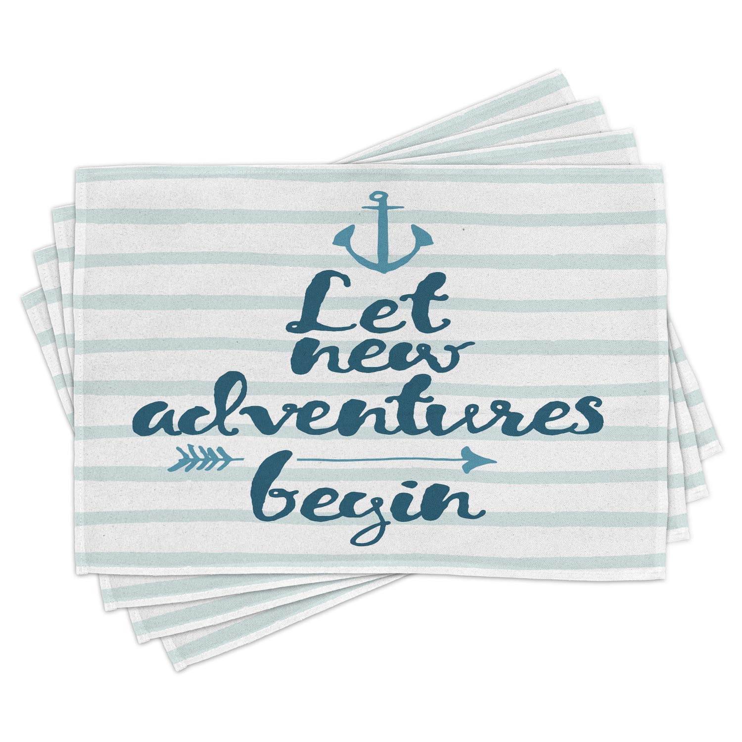 Ambesonne Nautical Stripes Anchor & Arrow 4-Piece Placemats Set - Washable Fabric Dining Table Mats for Cruise, Travel & Sea-Themed Decor - Standard Size in Night Blue & Pale Blue - Perfect for Beach House, Coastal Kitchen & Cruise Ship Dining