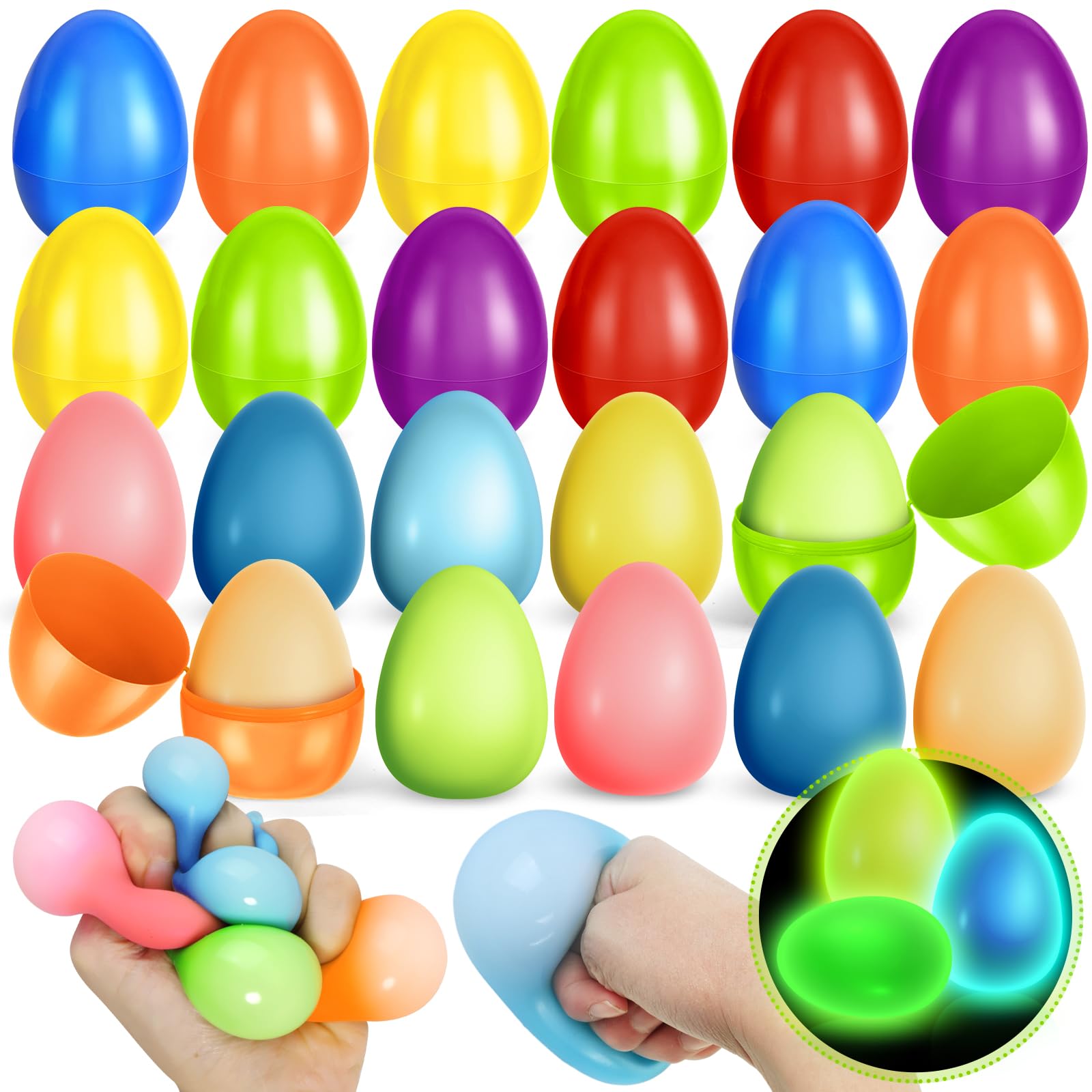 12pcs Glow in The Dark Easter Eggs with Squeeze Toys - Prefilled Easter Egg Hunt Set for Kids, Easter Basket Stuffers, Party Favors & Stress Relief Gifts - Perfect for Easter Celebrations, Egg Hunts & Fun Family Activities