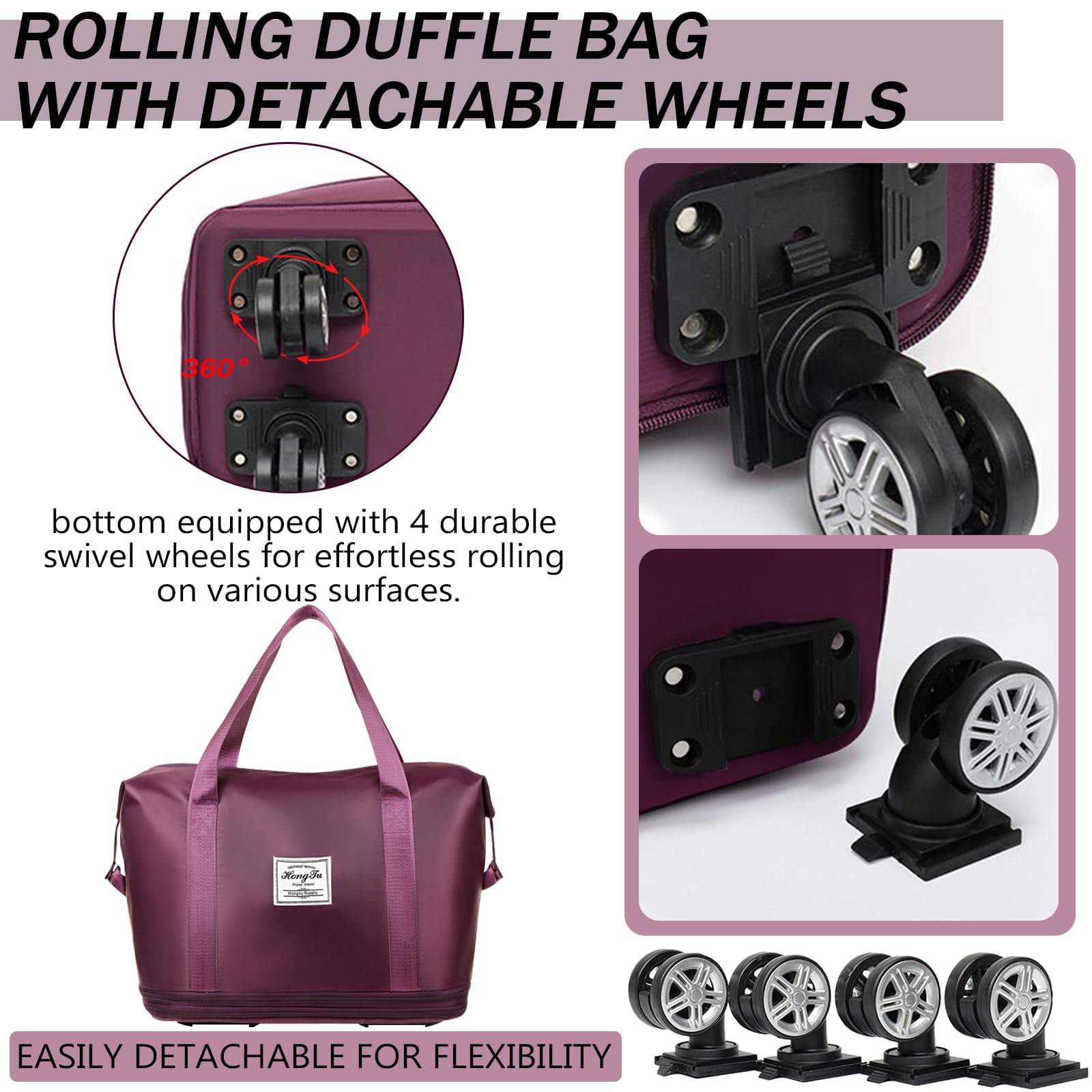 Expandable Rolling Duffle Bag with Detachable Wheels - Foldable Travel Luggage Carry-On for Weekend Trips & Gym (Fuchsia) - Perfect for Air Travel, Business Trips & Sports Equipment Storage