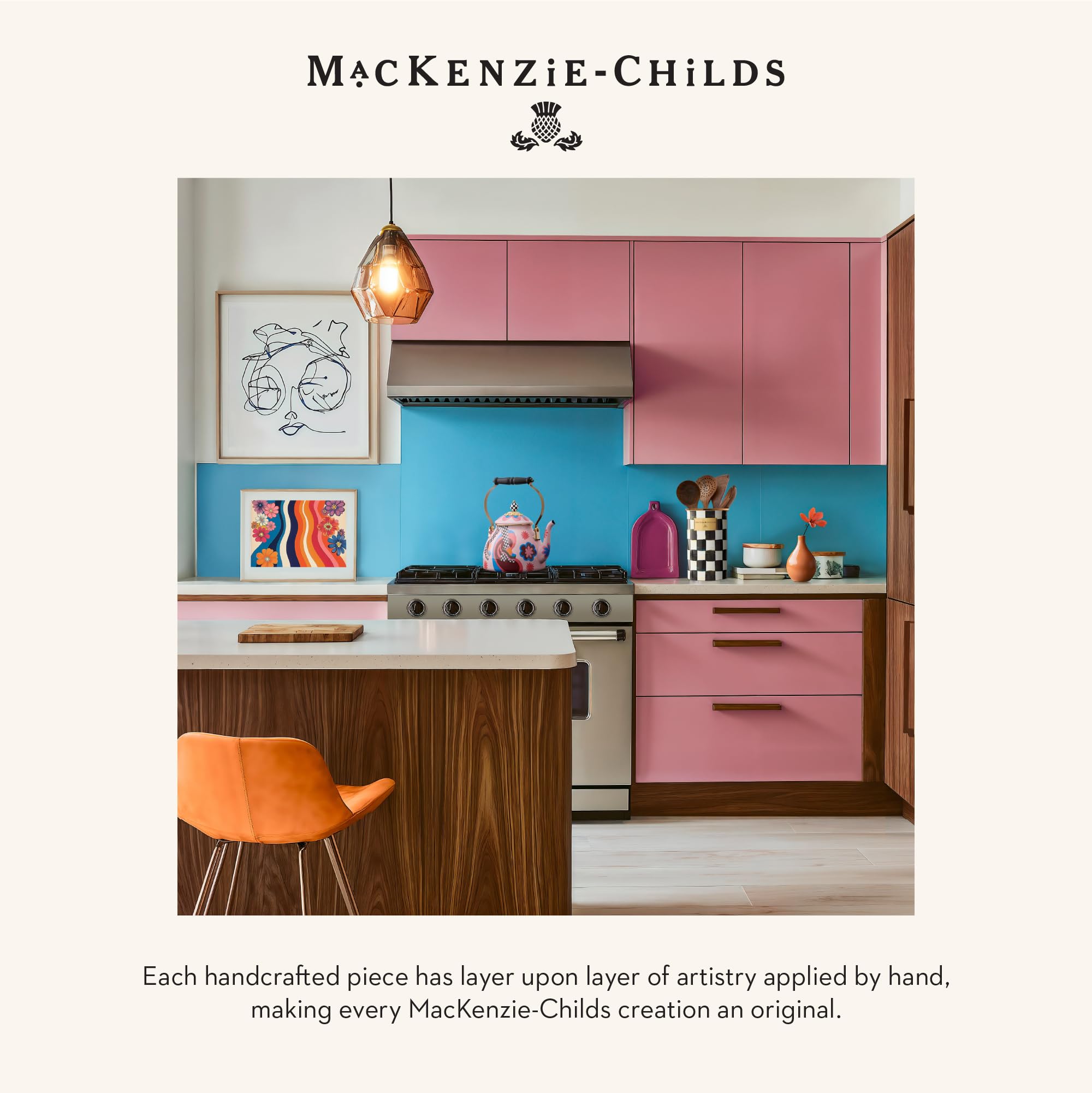 MACKENZIE-CHILDS 2-Quart Enamel Stovetop Tea Kettle - Vintage Style Whistling Kettle for Gas & Electric Stoves - Perfect for Home Kitchen, Tea Parties & Gift Giving
