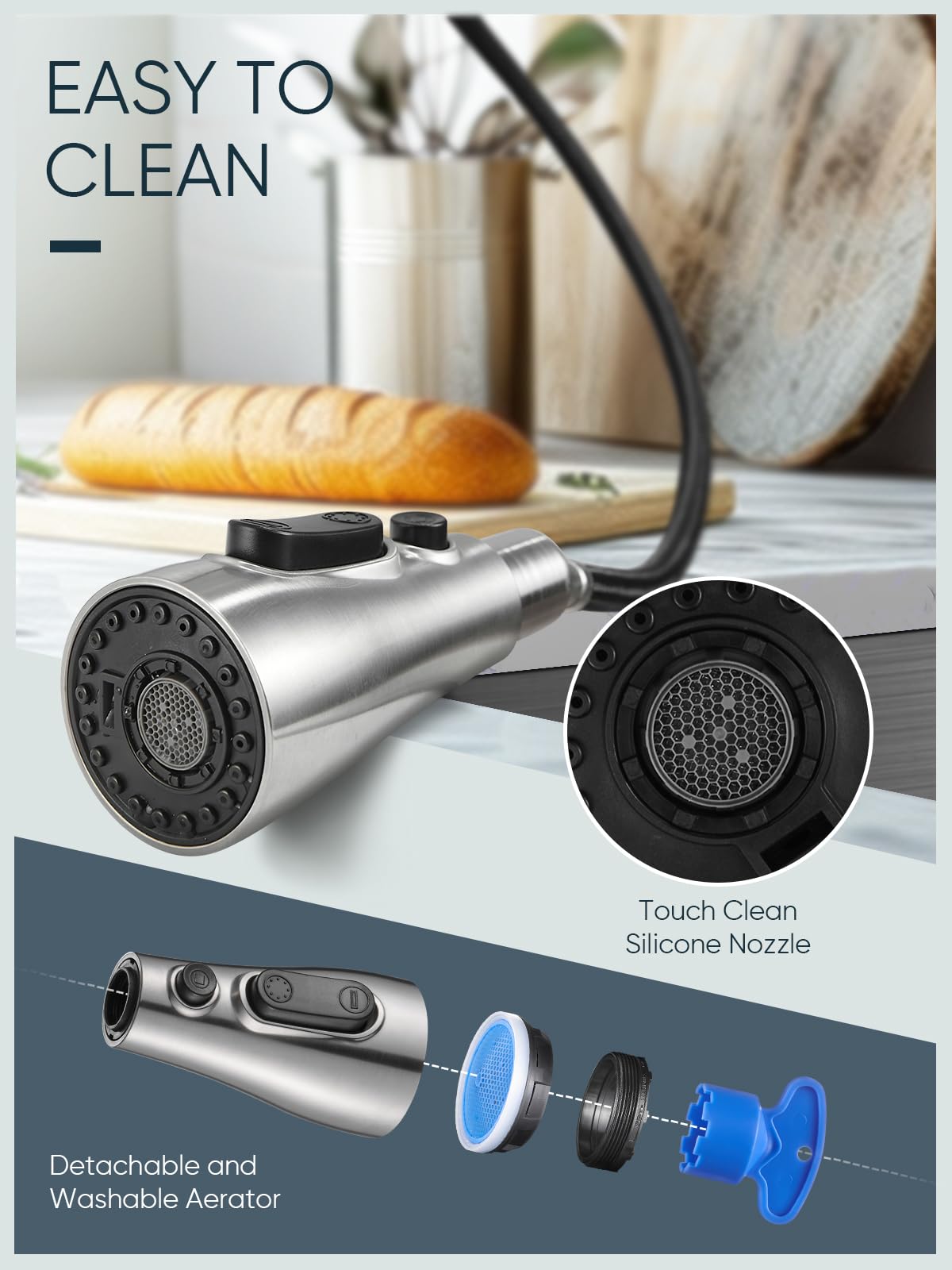 Cobbe Kitchen Faucet Head Replacement - 3 Function Pull Down Spray Head for Kitchen Sink Faucet with 12 Adapters, Brushed Nickel (Fits American Standard) - Perfect for Dishwashing, Food Prep & Deep Cleaning