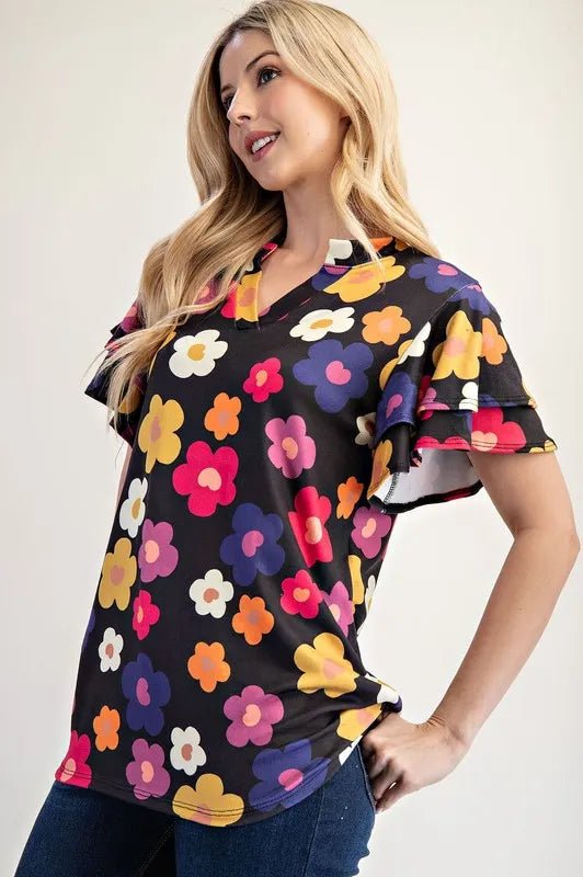 Celeste Bold Floral Print Ruffle Sleeve Blouse for Women - Elegant Party Wear & Summer Fashion Top