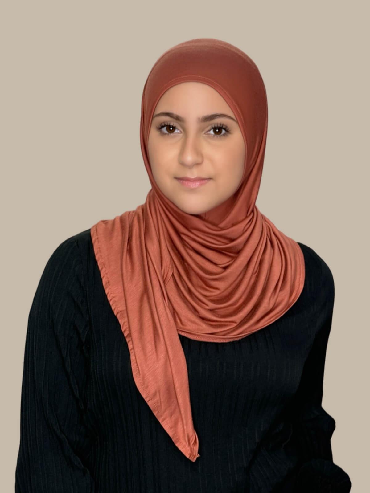 Stylish Pre-Sewn Jersey Hijab for Women - Soft & Comfortable Brick Red Scarf - Perfect for Daily Wear, Work, and Special Occasions