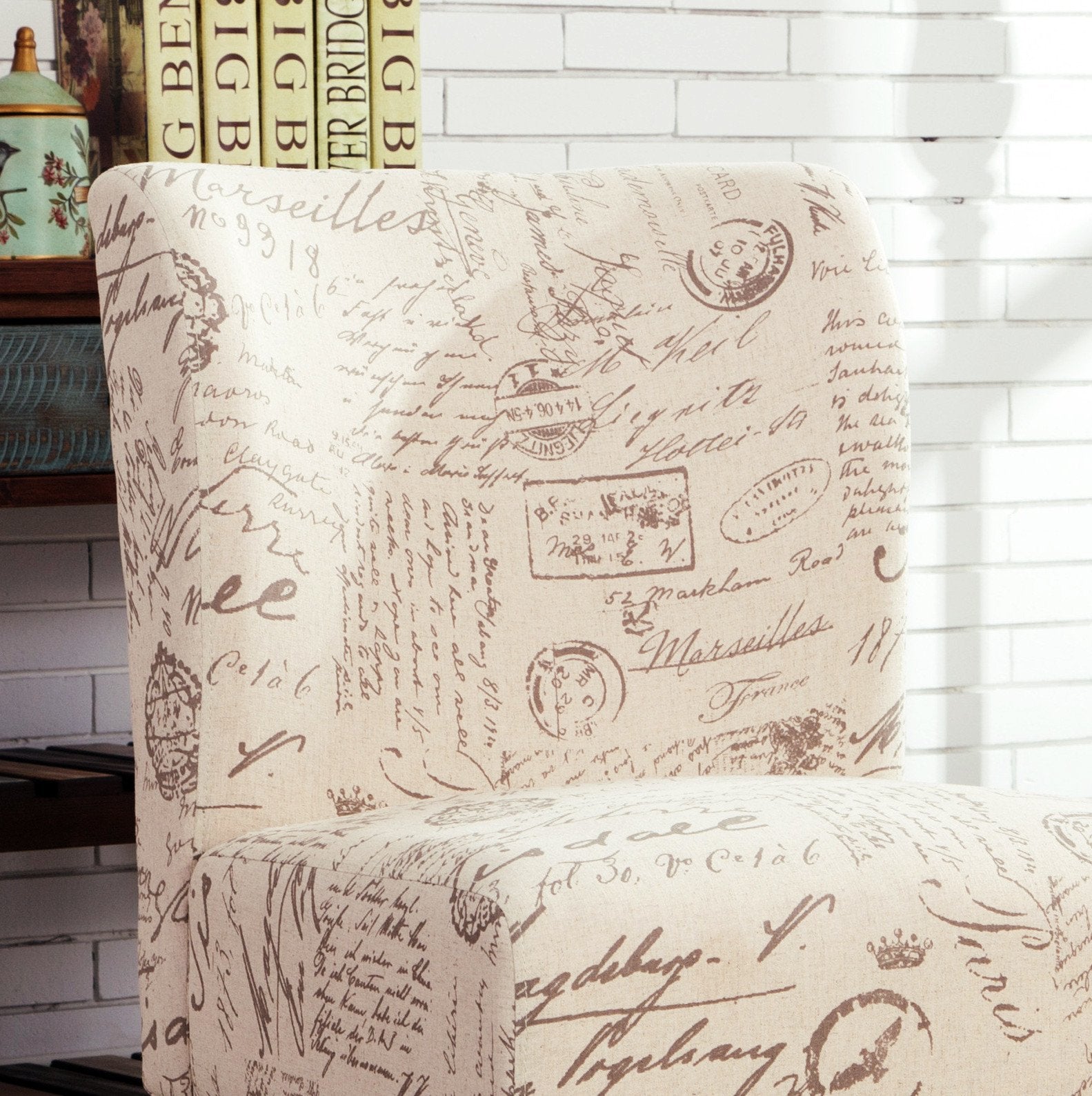 Roundhill Furniture Capa Fabric Armless Contemporary Accent Chair with English Letter Print - Modern Living Room, Office, or Bedroom Seating for Home Decor