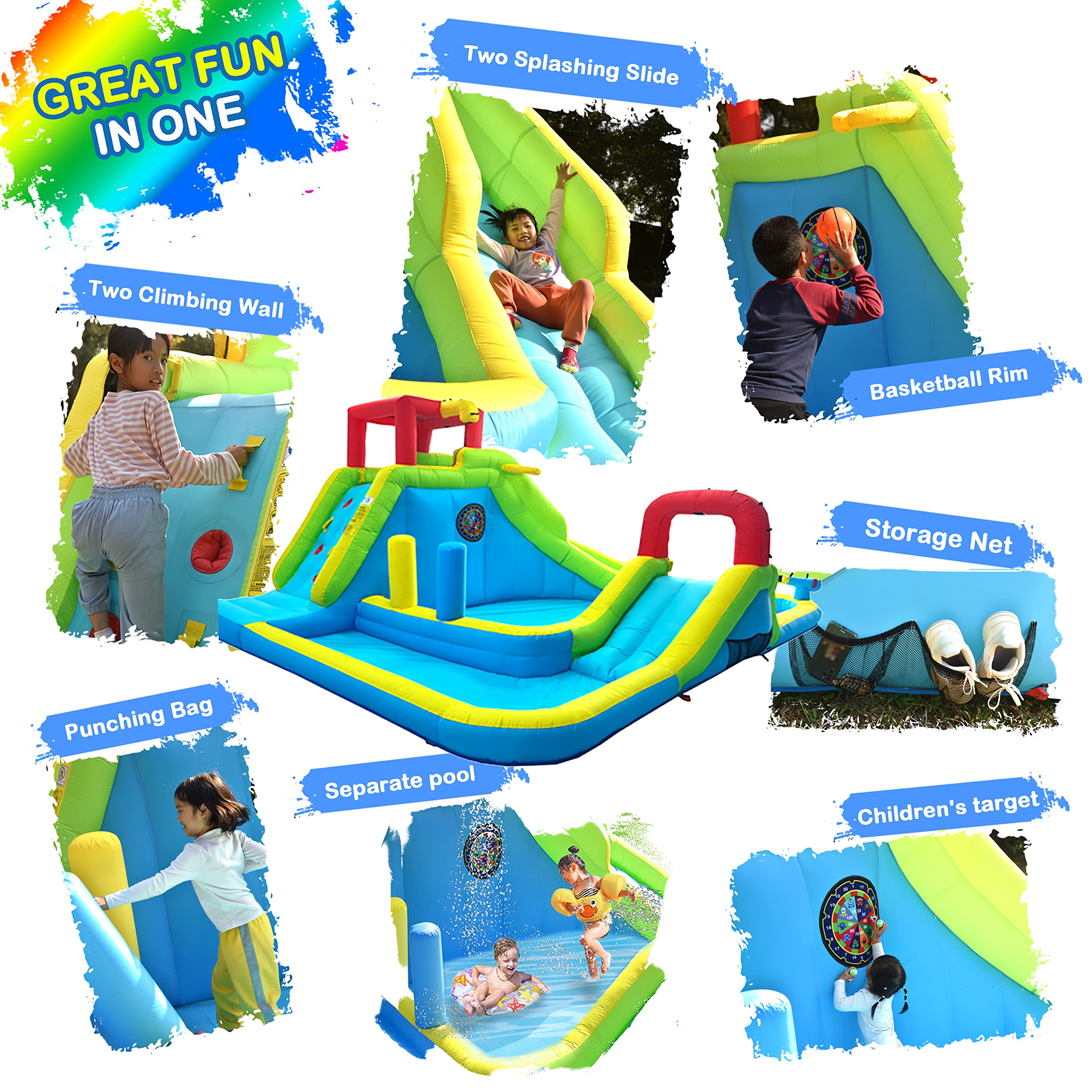 **Inflatable Water Slide Park for Kids - Large Bouncy Castle with Dual Pools, Slides, Climbing Wall & Basketball - Easy Setup with Air Blower Included - Perfect for Backyard Parties, Summer Fun & Outdoor Play**