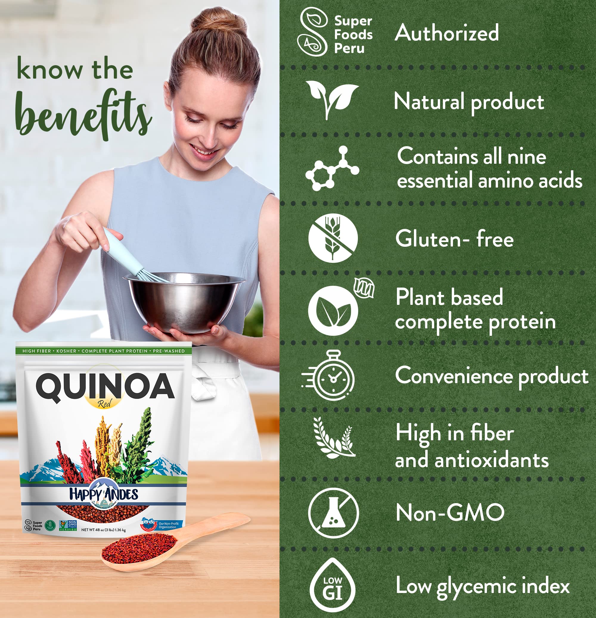 Organic Happy Andes Red Quinoa - Non-GMO, Gluten-Free Whole Grain Superfood | High in Protein & Vitamins | Perfect Rice Substitute for Healthy Meals, Salads & Meal Prep | Ready-to-Cook 3lb Bulk Pack for Oatmeal, Baking & Vegan Recipes