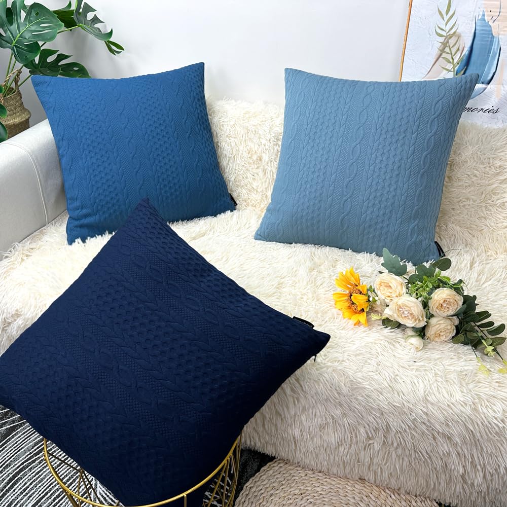 Booque Valley 20x20 Inch Throw Pillow Covers - Pack of 2 Super Soft Stretchy Cushion Covers with Elegant Modern Embossed Pattern in Light Blue & Grey Blue - Perfect for Sofa, Bed, Car & Chair Decor