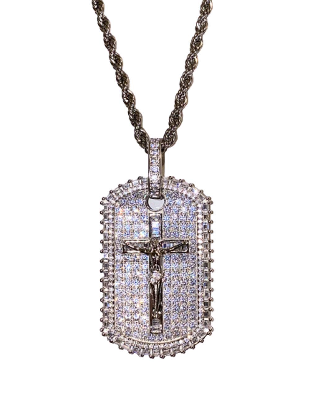 925 Sterling Silver Iced Out Dog Tag Pendant Necklace for Men & Women - Stainless Steel 2mm Rope Chain 16