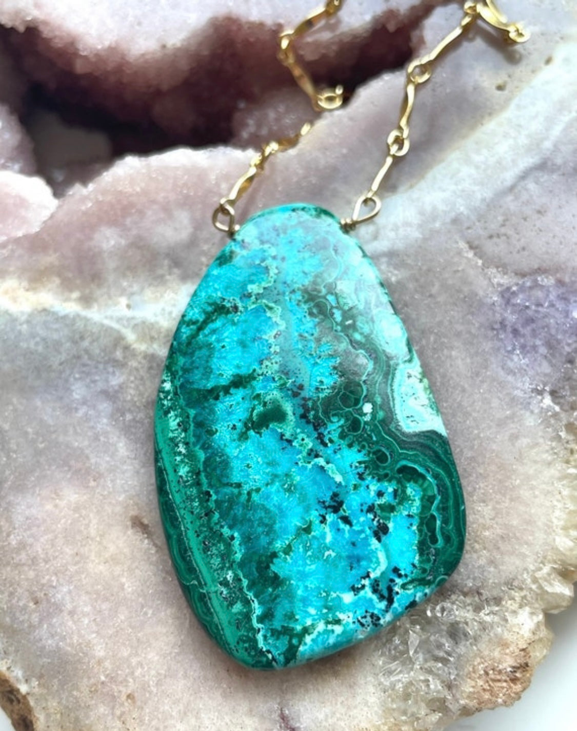 Stunning Large Chrysocolla Malachite Statement Necklace in Gold - Elegant Boho Jewelry for Women, Perfect for Weddings & Special Occasions