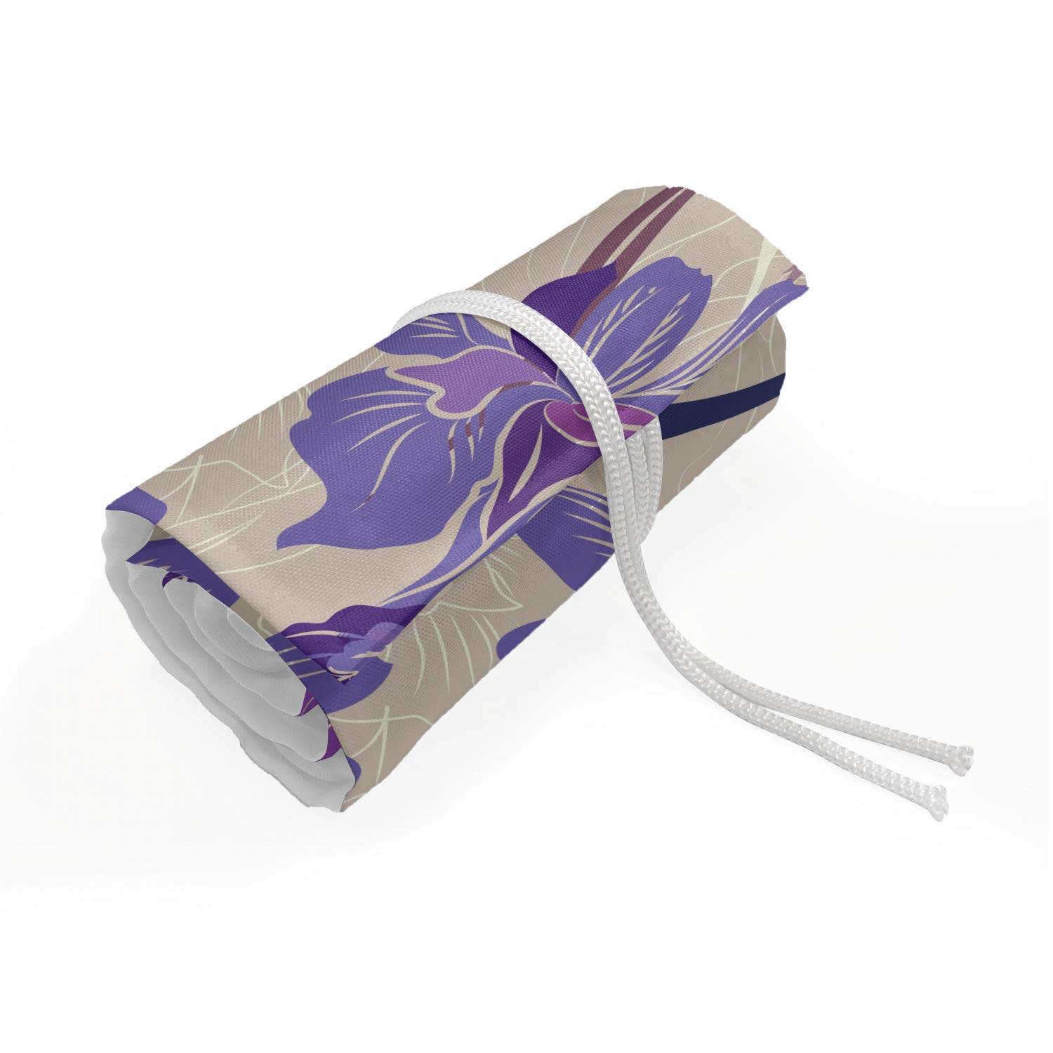 Ambesonne Floral Roll Up Pencil Holder - 36 Loop Canvas Pouch for Artists & Students | Digital Flower Painting Design in Pale Tan Violet | Perfect for Sketching, Drawing & School Supplies Organization