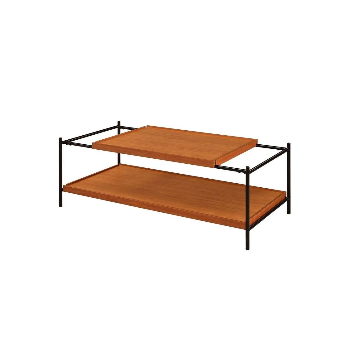 Solid Oak Rectangular Coffee Table with Metal Frame - Transitional Style MDF Shelf in Brown & Black - Perfect for Living Room, Office, or Lounge Area