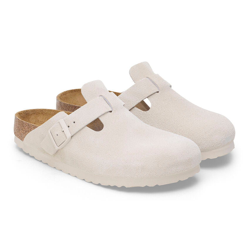 Birkenstock Boston Suede Leather Soft Footbed Clog - Comfortable Unisex Slip-On Shoes in Antique White | Perfect for Home, Office & Casual Wear