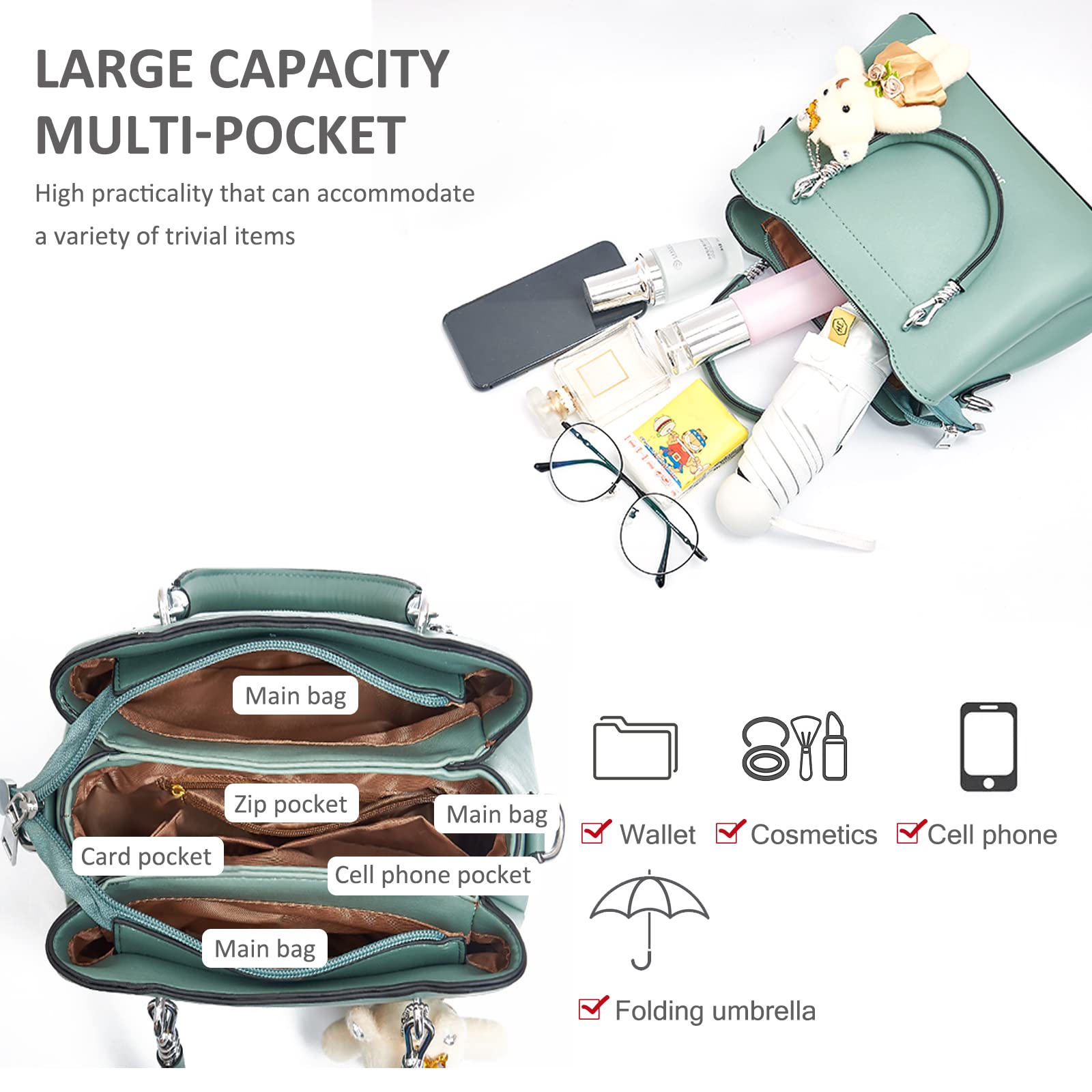 Women's PU Leather Crossbody Bag with Bear Pendant - Fashion Shoulder Purse for Daily Use