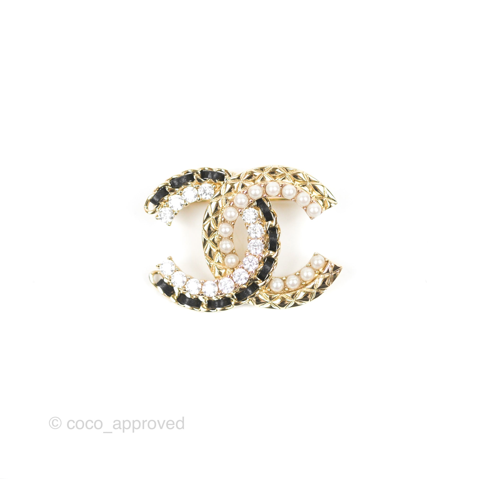 Chanel CC Logo Rhinestone Pearl Brooch Gold Tone 22B - Elegant Fashion Accessory for Women, Perfect for Dresses, Blazers & Special Occasions