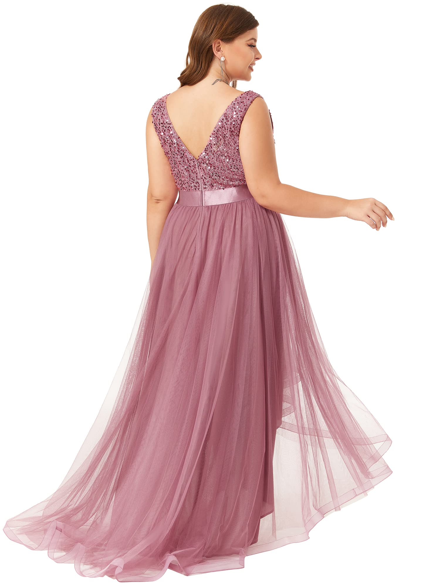 Ever-Pretty Women's Double V-Neck A-Line High-Low Sequin Tulle Plus Size Formal Dress for Curvy Women 0147A-DA | Elegant Evening Gown for Prom, Wedding Guest, Cocktail Party & Special Occasions