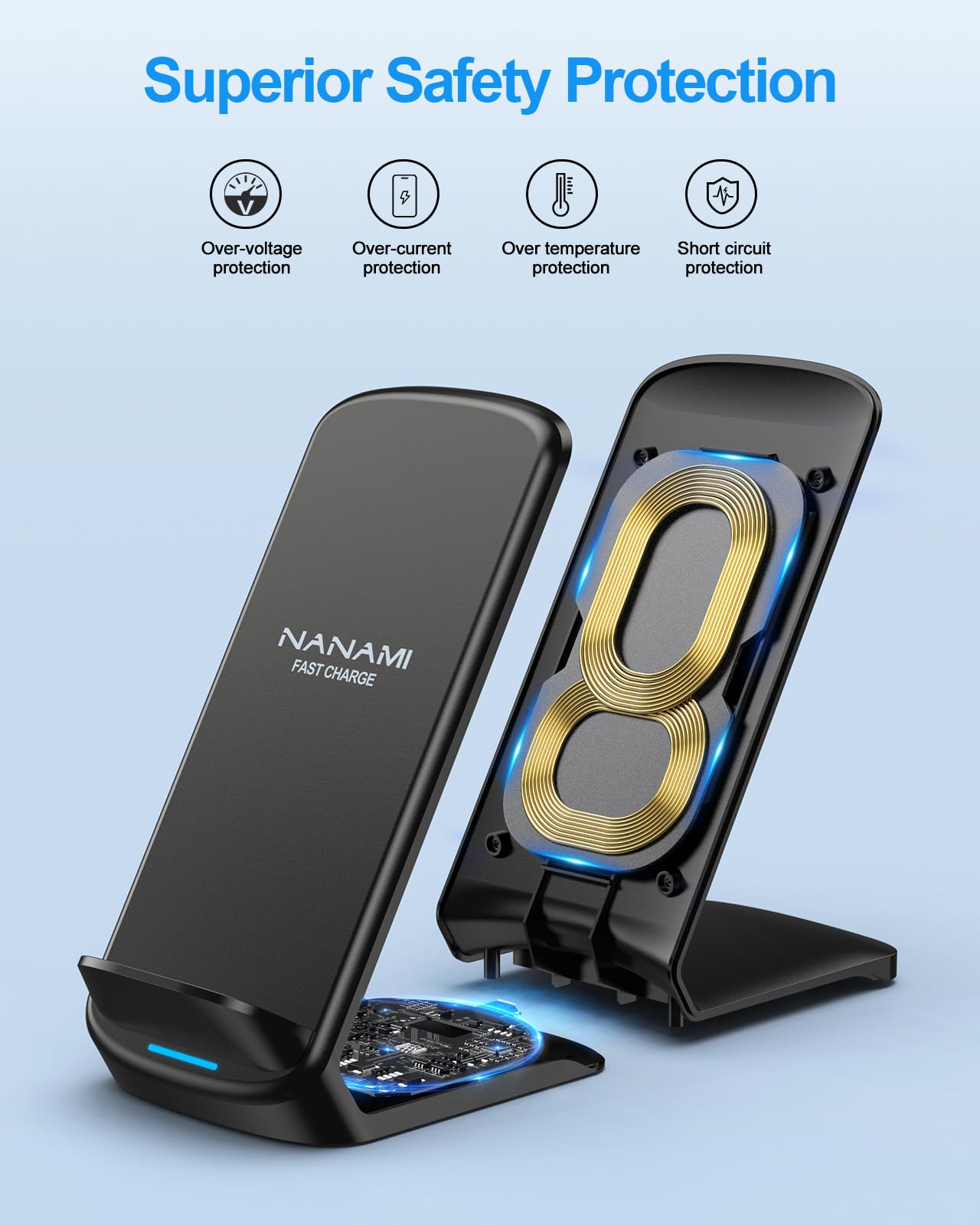 NANAMI Upgraded Fast Wireless Charger Stand - Qi-Certified 15W Fast Charging for iPhone 16/16 Plus/16 Pro/16 Pro Max/15/14/13/12 & Samsung Galaxy S24/S23/S22/S21/S20 - Perfect for Home, Office & Nightstand Charging
