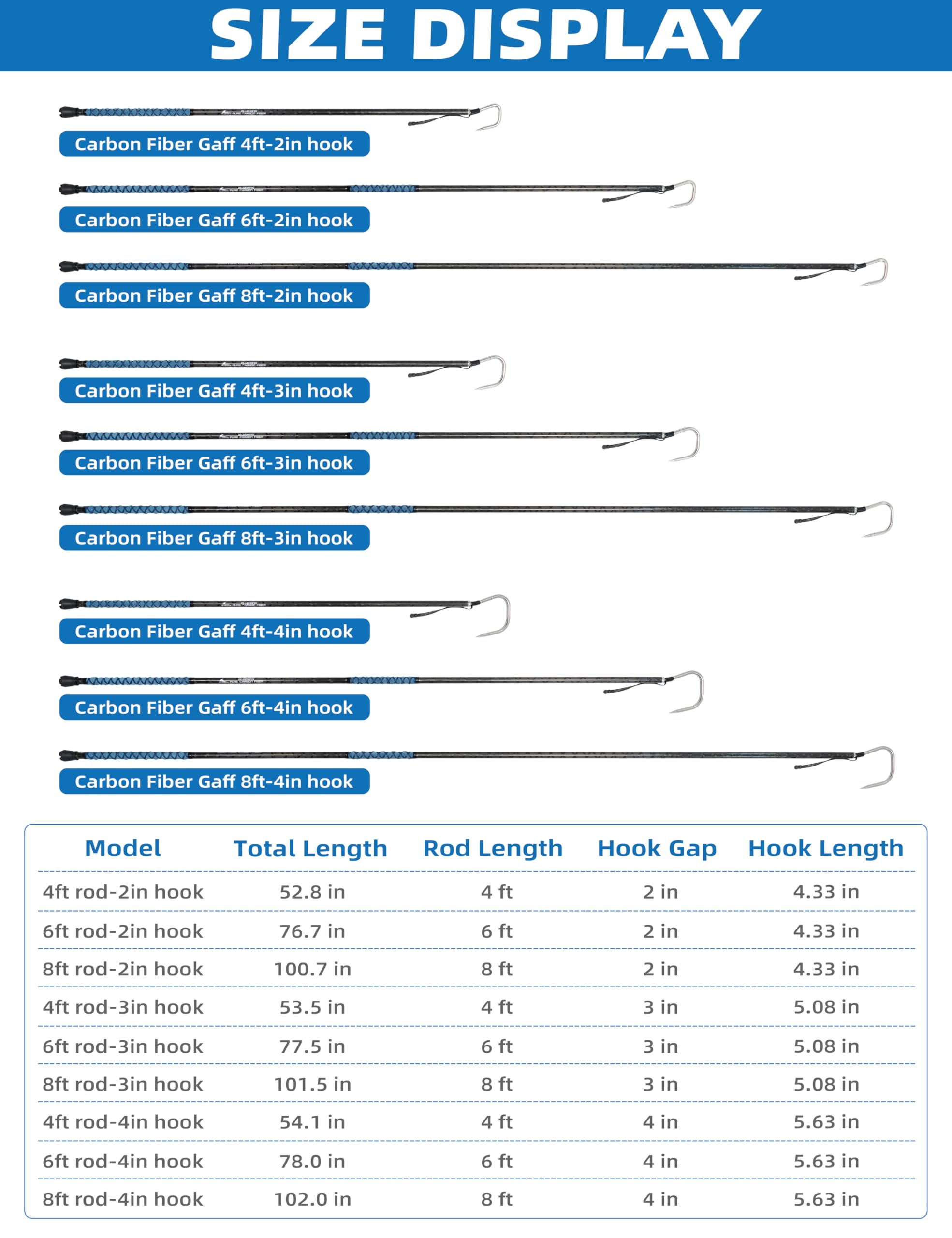 BLUEWING Heavy Duty Saltwater Fishing Gaff - 3ft to 16ft Fiberglass/Carbon Fiber Pole with 2in/4in Stainless Steel Hook for Tuna, Shark & Marlin - Perfect for Offshore Big Game Fishing & Deep Sea Angling